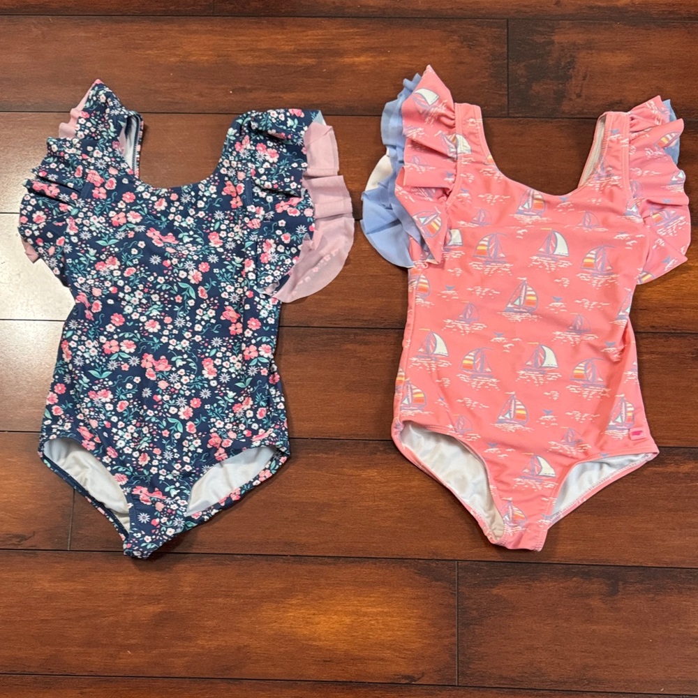 Ruffle Butts Floral and Sailboat Bodysuit Set - Blue and Pink
